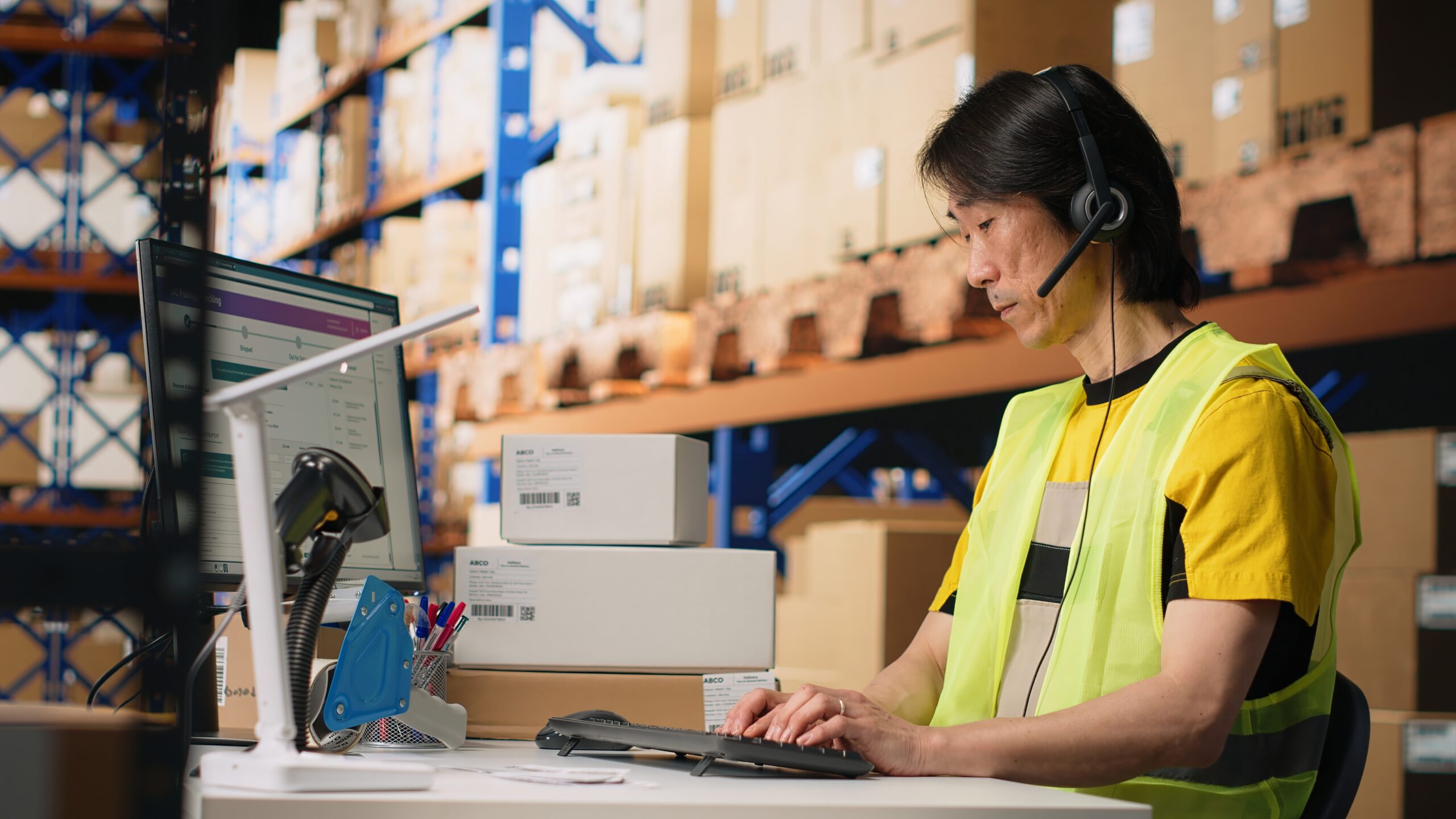 Call center employee assisting customers in a fulfillment center, handling inventory control and package tracking. Asian man resolving issues related to delivery delays or wrong addresses. Camera B.